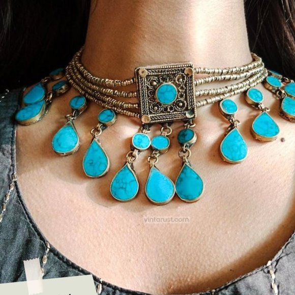 Tribal Stone Choker Necklace, Afghan Ethnic Choker, Tribal Necklace, Ethnic Jewe - Picture 3 of 6